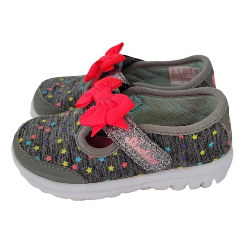 Skechers Go Walk Size 6 Infant Baby Girl Gray Starry‎ Design Pink Bow